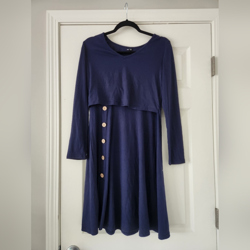 NWT OUGES navy blue Button Front Long Sleeve Dress Medium‎ M